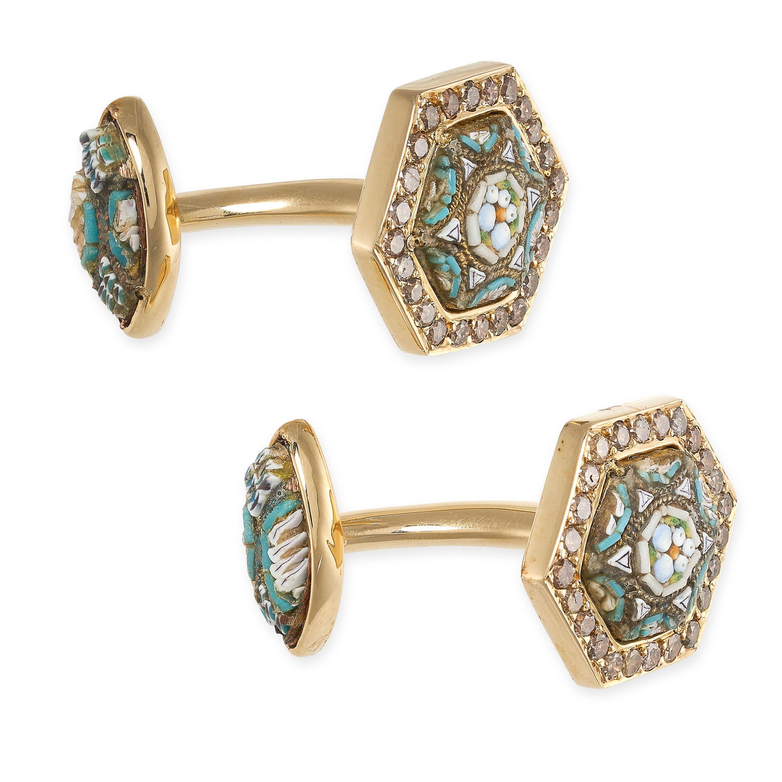 A PAIR OF MICRO MOSAIC AND DIAMOND CUFFLINKS in yellow gold, the hexagonal faces set with micro (1 of 1)