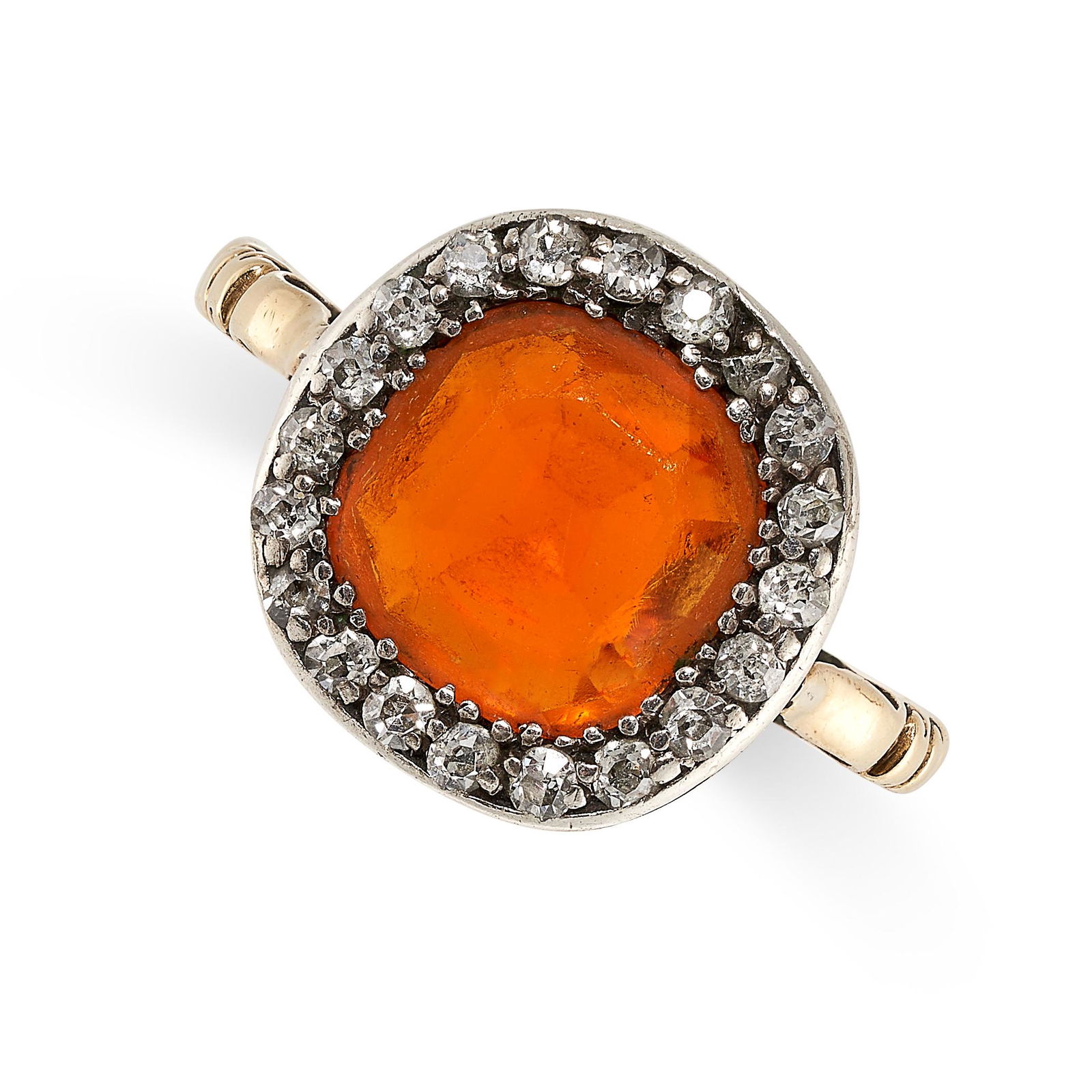 AN ANTIQUE FIRE OPAL AND DIAMOND RING in 18ct yellow gold and silver, set with a cushion cut fire (1 of 2)