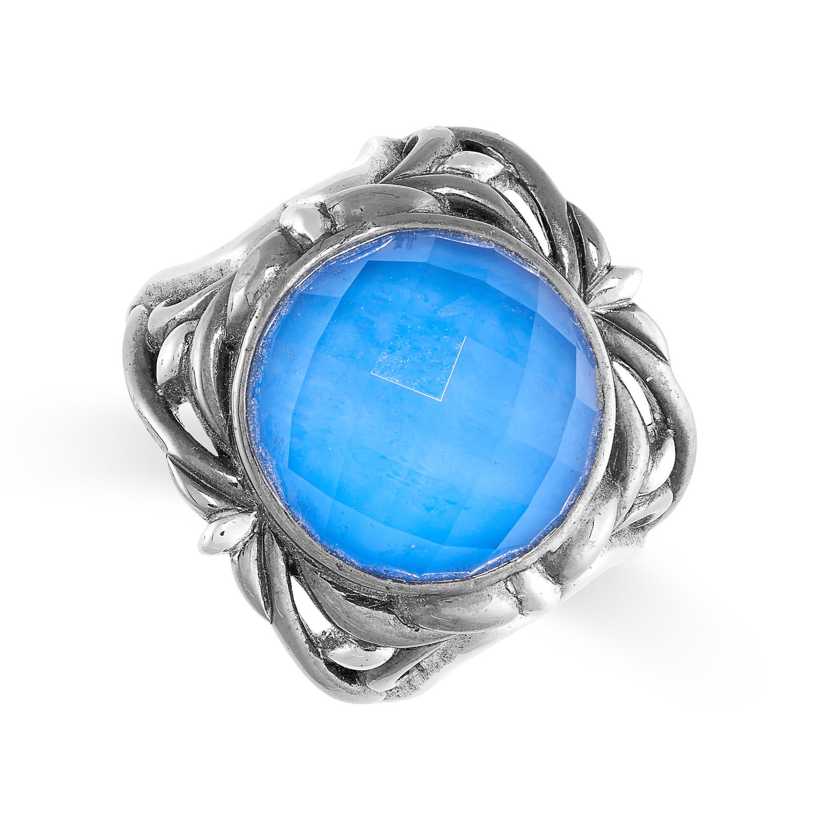 A BLUE AGATE RING, STEPHEN WEBSTER in silver, set with a faceted quartz and blue agate doublet, with: A BLUE AGATE RING, STEPHEN WEBSTER in silver, set with a faceted quartz and blue agate doublet, with mouth and teeth design to the shank, British hallmarks for silver, size O / 7, 20.8g.