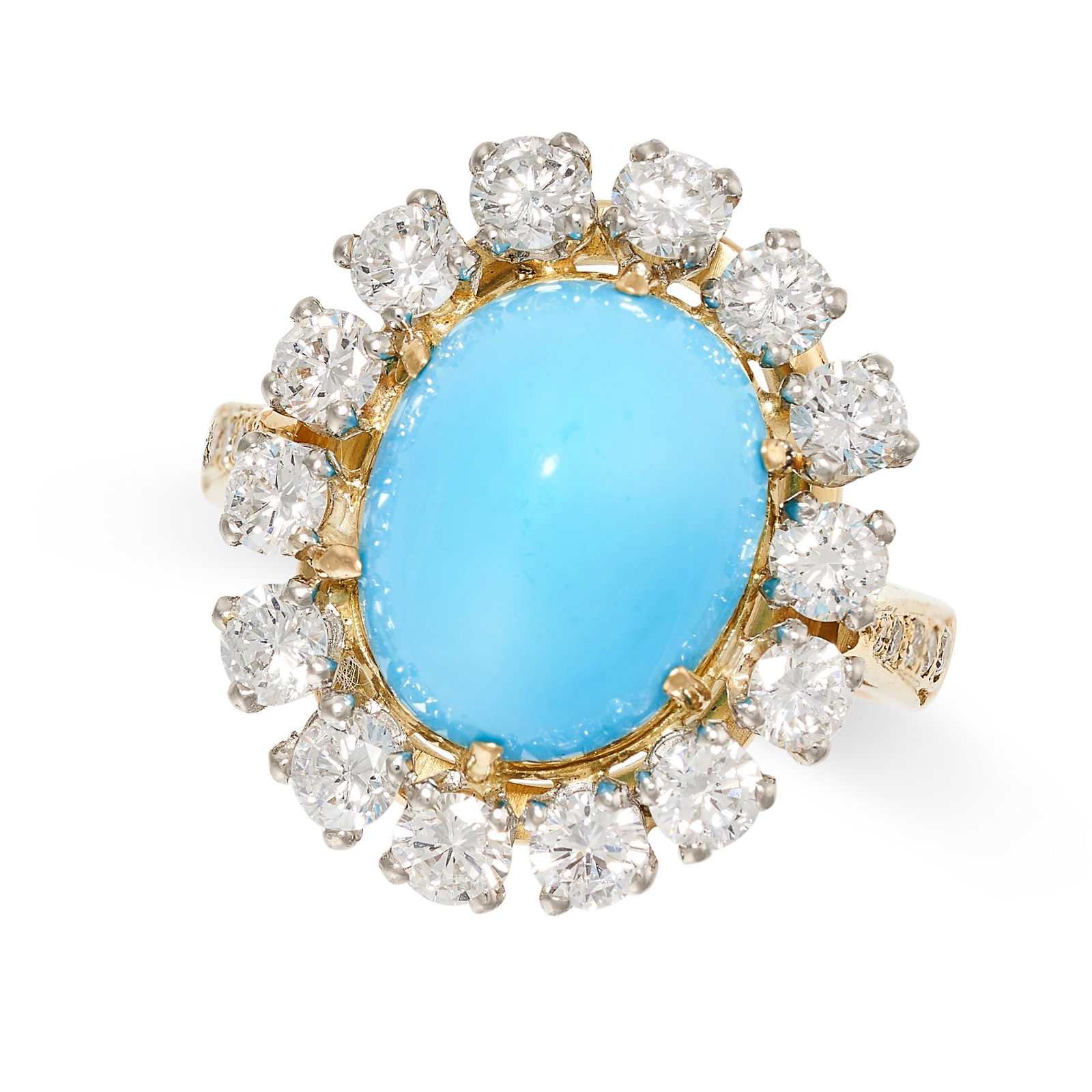 A TURQUOISE AND DIAMOND CLUSTER RING set with a domed cabochon turquoise in a border of round (1 of 2)