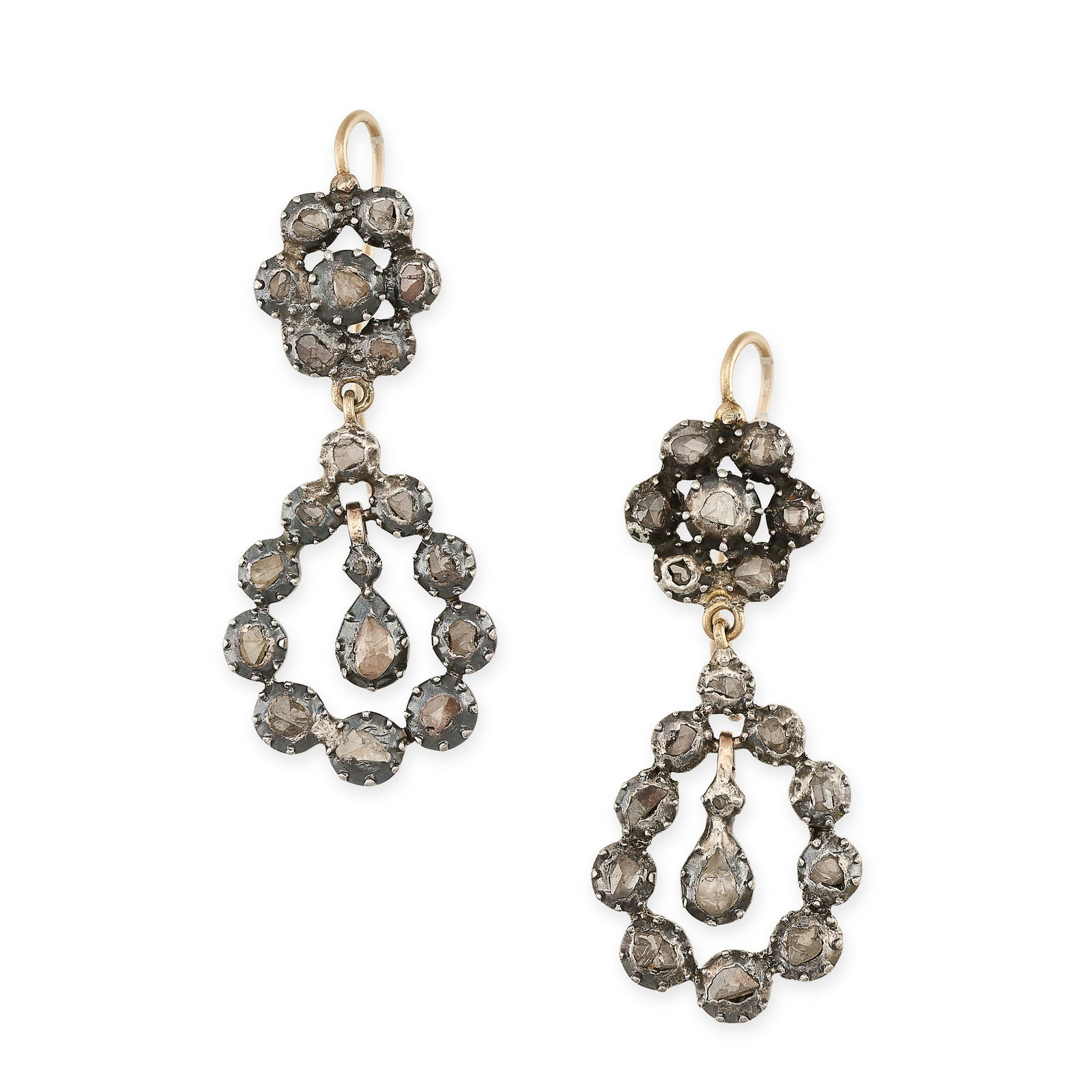 A PAIR OF ANTIQUE DIAMOND EARRINGS each set with a cluster of rose cut diamonds, suspending a pear (1 of 1)