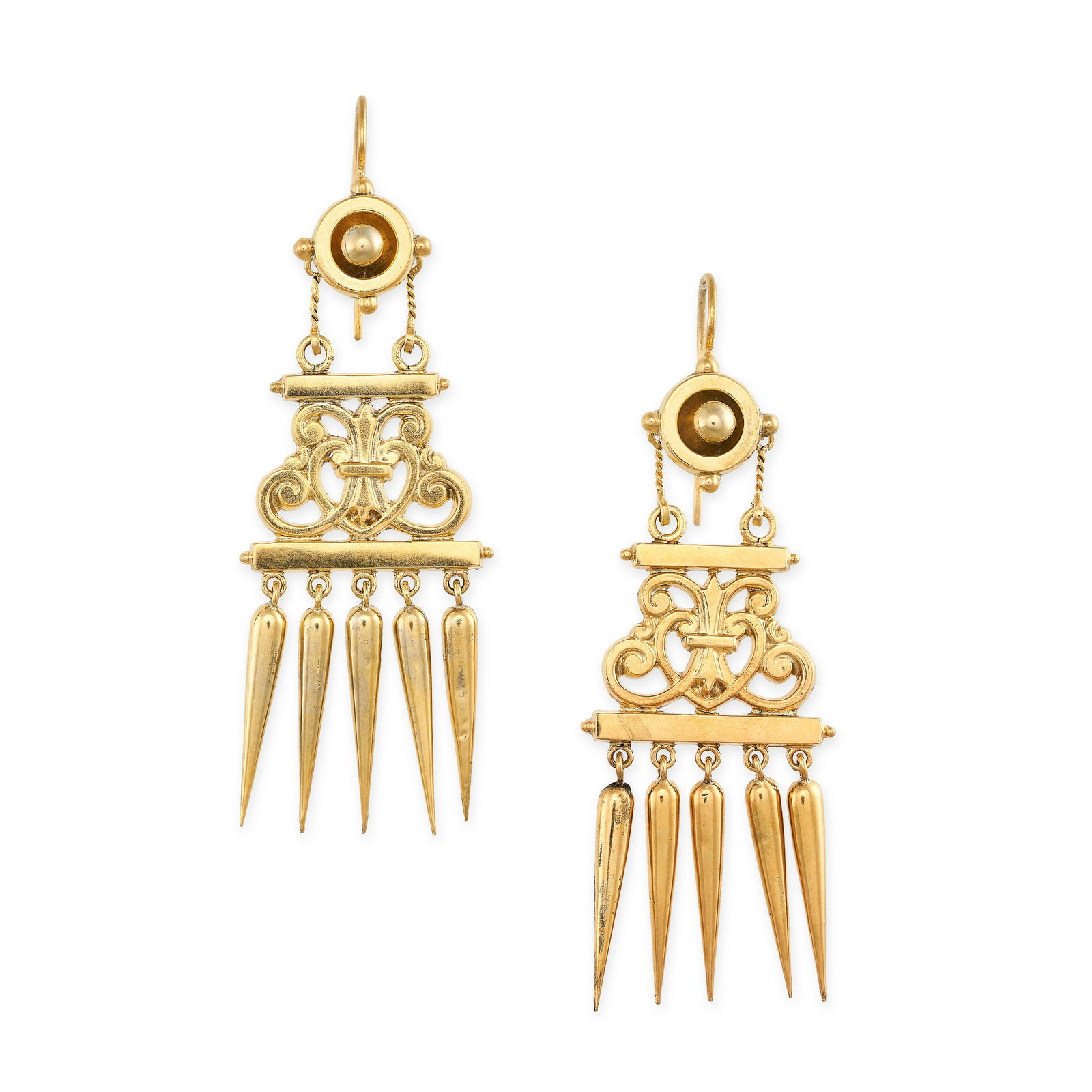 A PAIR OF ANTIQUE GOLD EARRINGS in drop design, each suspending a fringe of five pointed tassels, no (1 of 1)