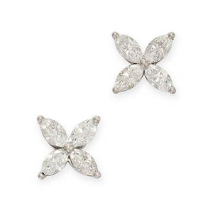 TIFFANY & CO, A PAIR OF VICTORIA DIAMOND STUD EARRINGS in platinum, each set with four marquise cut