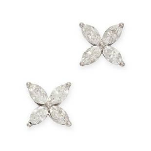TIFFANY & CO, A PAIR OF VICTORIA DIAMOND STUD EARRINGS in platinum, each set with four marquise cut: TIFFANY & CO, A PAIR OF VICTORIA DIAMOND STUD EARRINGS in platinum, each set with four marquise cut diamonds, the diamonds all totalling 0.92 carats, signed Tiffany & Co, full British hallmarks,