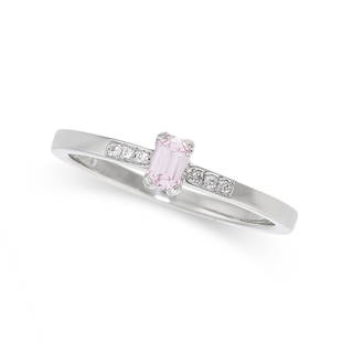 AN ARGYLE PINK DIAMOND AND WHITE DIAMOND RING in platinum, set with an emerald cut fancy light pink: AN ARGYLE PINK DIAMOND AND WHITE DIAMOND RING in platinum, set with an emerald cut fancy light pink diamond of 0.18 carats, accented in the band by trios of round cut diamonds, full British