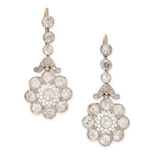 A PAIR OF FINE DIAMOND DROP EARRINGS, EARLY 20TH CENTURY in yellow gold and platinum, of floral: A PAIR OF FINE DIAMOND DROP EARRINGS, EARLY 20TH CENTURY in yellow gold and platinum, of floral design, the articulated bodies set with old cut and rose cut diamonds, the diamonds all totalling