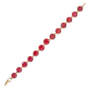 A SYNTHETIC RUBY BRACELET comprising a single row of thirteen graduated round cut synthetic rubies,: A SYNTHETIC RUBY BRACELET comprising a single row of thirteen graduated round cut synthetic rubies, no assay marks, 18.5cm, 21.7g.