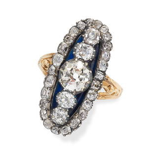 A FINE ANTIQUE DIAMOND AND ENAMEL RING, 19TH CENTURY in yellow gold and silver, the face set with a: A FINE ANTIQUE DIAMOND AND ENAMEL RING, 19TH CENTURY in yellow gold and silver, the face set with a row of five graduated old cut diamonds against a ground of dark blue enamel, within a border of