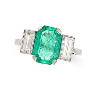 A COLOMBIAN EMERALD AND DIAMOND RING set with an emerald cut emerald of 2.39 carats, between two: A COLOMBIAN EMERALD AND DIAMOND RING set with an emerald cut emerald of 2.39 carats, between two baguette cut diamonds, the diamonds both totalling 1.28 carats, no assay marks, size O / 7, 3.7g.