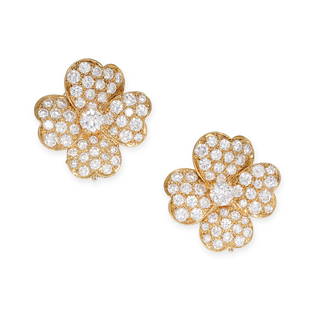 VAN CLEEF & ARPELS, A PAIR OF DIAMOND COSMOS CLIP EARRINGS in 18ct yellow gold, each designed as a: VAN CLEEF & ARPELS, A PAIR OF DIAMOND COSMOS CLIP EARRINGS in 18ct yellow gold, each designed as a flower with heart shaped petals, set with round brilliant cut diamonds, signed Van Cleef & Arpels
