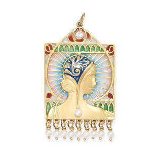 AN ART NOUVEAU ENAMEL, DIAMOND AND PEARL PENDANT, EARLY 20TH CENTURY in yellow gold, depicting the: AN ART NOUVEAU ENAMEL, DIAMOND AND PEARL PENDANT, EARLY 20TH CENTURY in yellow gold, depicting the profile of a lady, relieved in varicoloured plique-a-jour enamel, accented by a round cut diamond