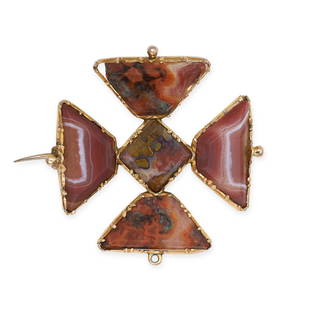 AN ANTIQUE HARDSTONE MALTESE CROSS BROOCH / PENDANT, 19TH CENTURY set with pieces of agate in the: AN ANTIQUE HARDSTONE MALTESE CROSS BROOCH / PENDANT, 19TH CENTURY set with pieces of agate in the form of a cross, loop for suspending a bail, no assay marks, 4.0cm, 7.5g.