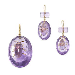 AN ANTIQUE AMETHYST BEETLE PENDANT AND EARRINGS SUITE, 19TH CENTURY in yellow gold, the pendant and: AN ANTIQUE AMETHYST BEETLE PENDANT AND EARRINGS SUITE, 19TH CENTURY in yellow gold, the pendant and earrings each set with an oval cut amethyst, applied with a beetle relieved in carved amethyst and