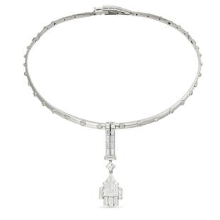 SUZANNE BELPERRON, AN IMPORTANT ART DECO DIAMOND COLLAR NECKLACE, EARLY 20TH CENTURY the pendant set: SUZANNE BELPERRON, AN IMPORTANT ART DECO DIAMOND COLLAR NECKLACE, EARLY 20TH CENTURY the pendant set with a central bullet cut diamond of 4.16 carats accented by baguette and step cut diamonds, suspen