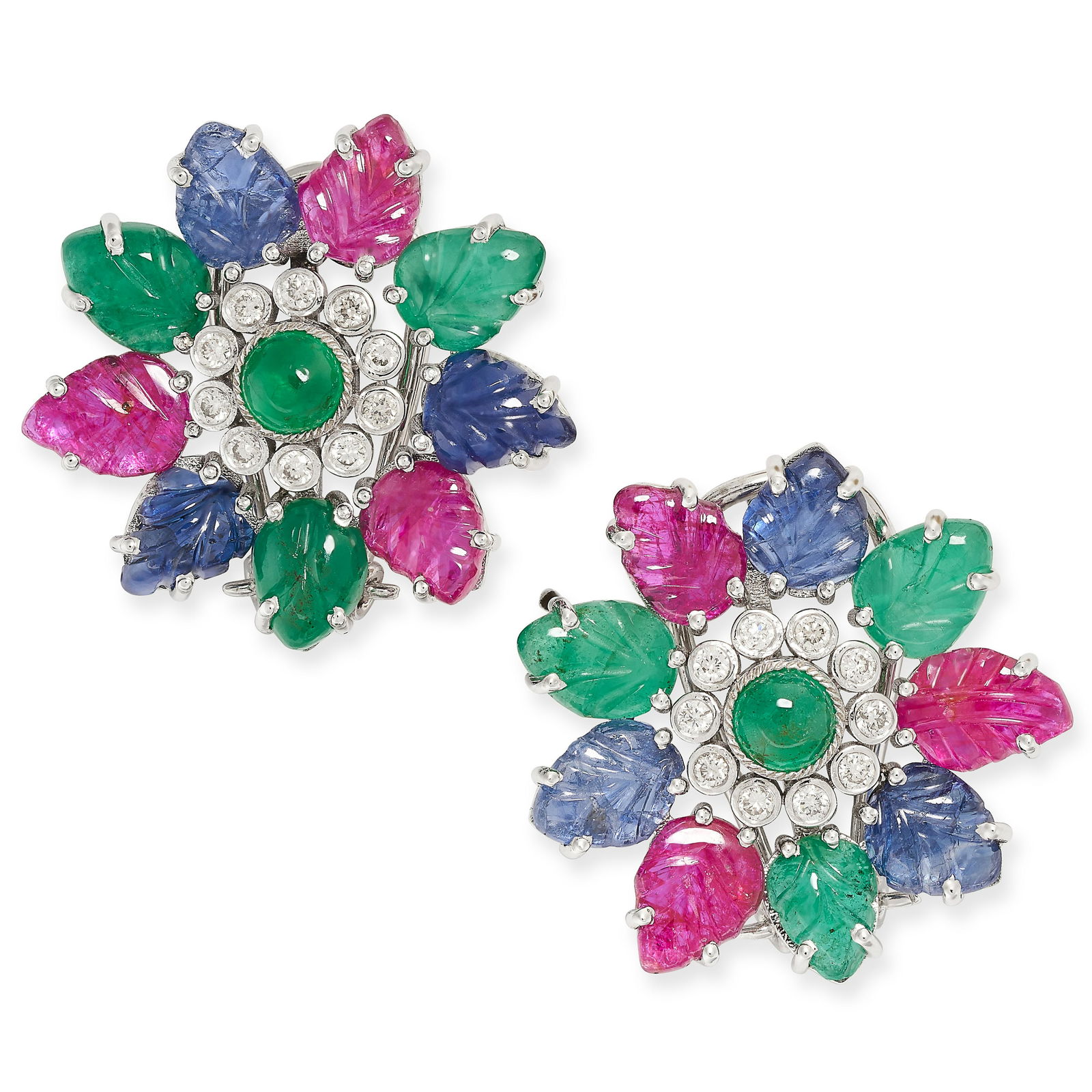 A PAIR OF EMERALD, SAPPHIRE, RUBY, AND DIAMOND TUTTI FRUTTI EARRINGS each set with a cabochon (1 of 1)