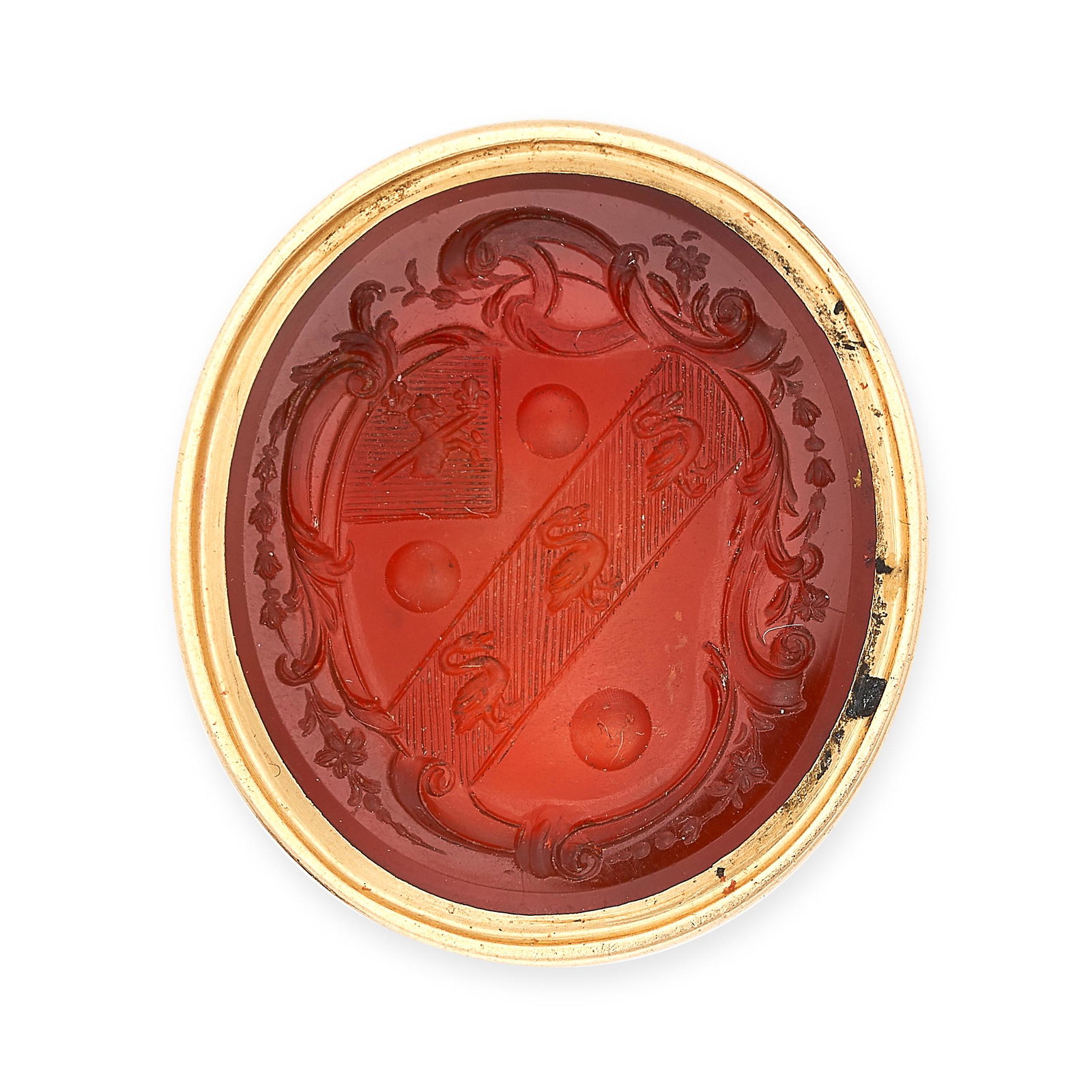 NO RESERVE - AN ANTIQUE CARNELIAN INTAGLIO FOB SEAL PENDANT, 18TH CENTURY in yellow gold, set with (1 of 2)
