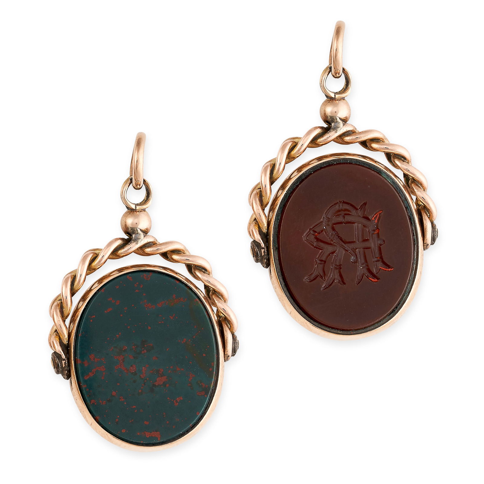 NO RESERVE - AN ANTIQUE GOLD AND HARDSTONE FOB SEAL SWIVEL PENDANT in 9ct yellow gold, set with a (1 of 1)