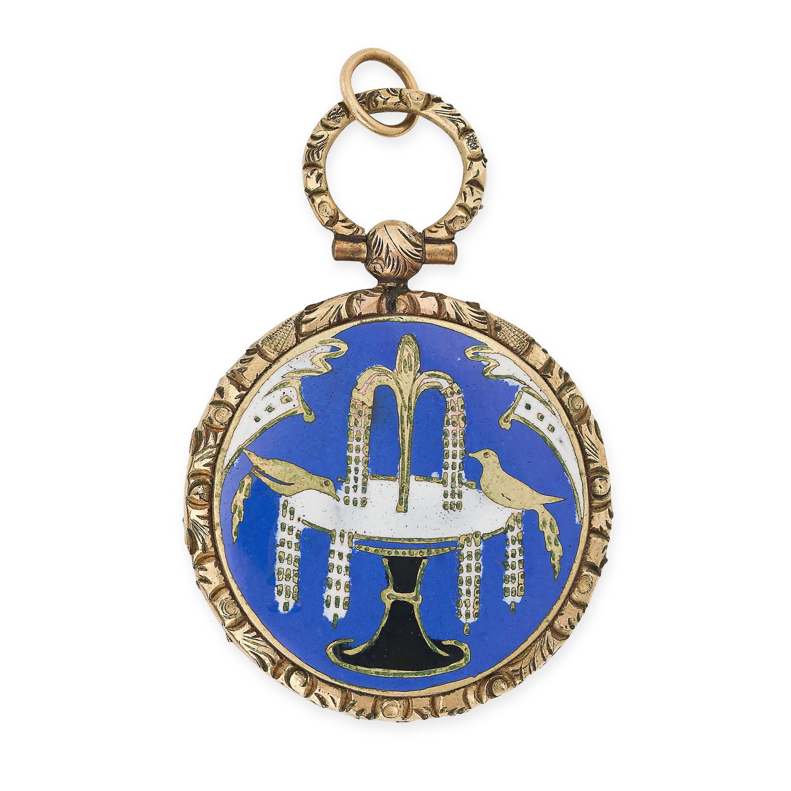 AN ANTIQUE ENAMEL AND LOCKET FOB PENDANT the circular face with blue, white and black enamel (1 of 1)