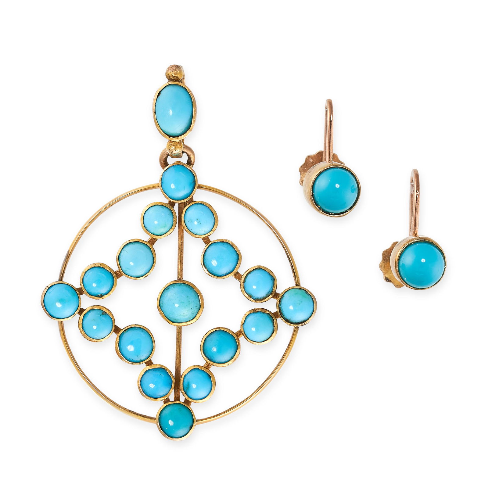 NO RESERVE - A VINTAGE TURQUOISE PENDANT AND EARRINGS SUITE in 9ct yellow gold, the pendant in open (1 of 1)