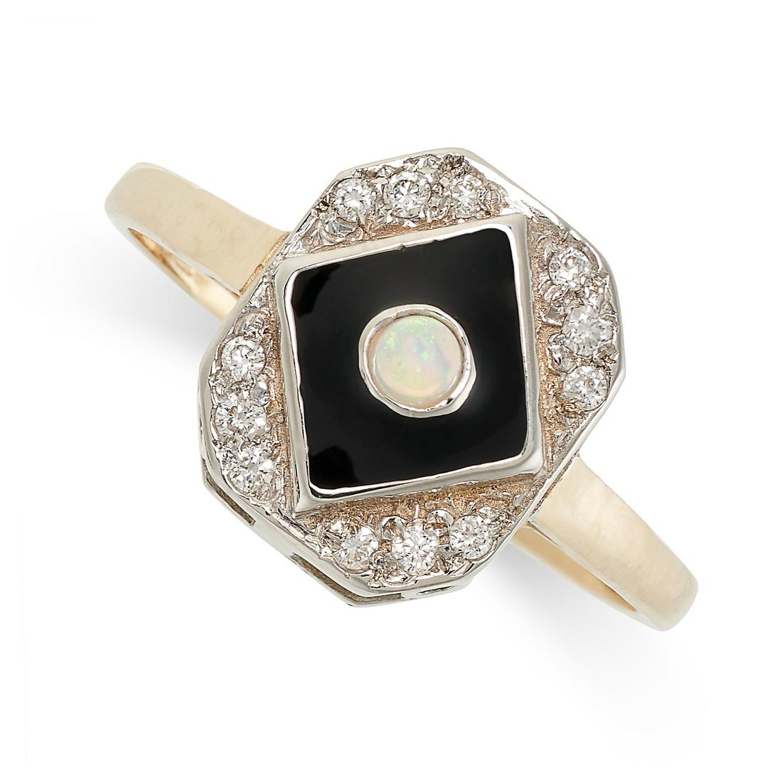 AN OPAL, ENAMEL, AND DIAMOND RING in 9ct gold, set with a round cabochon opal in a border of black (1 of 2)