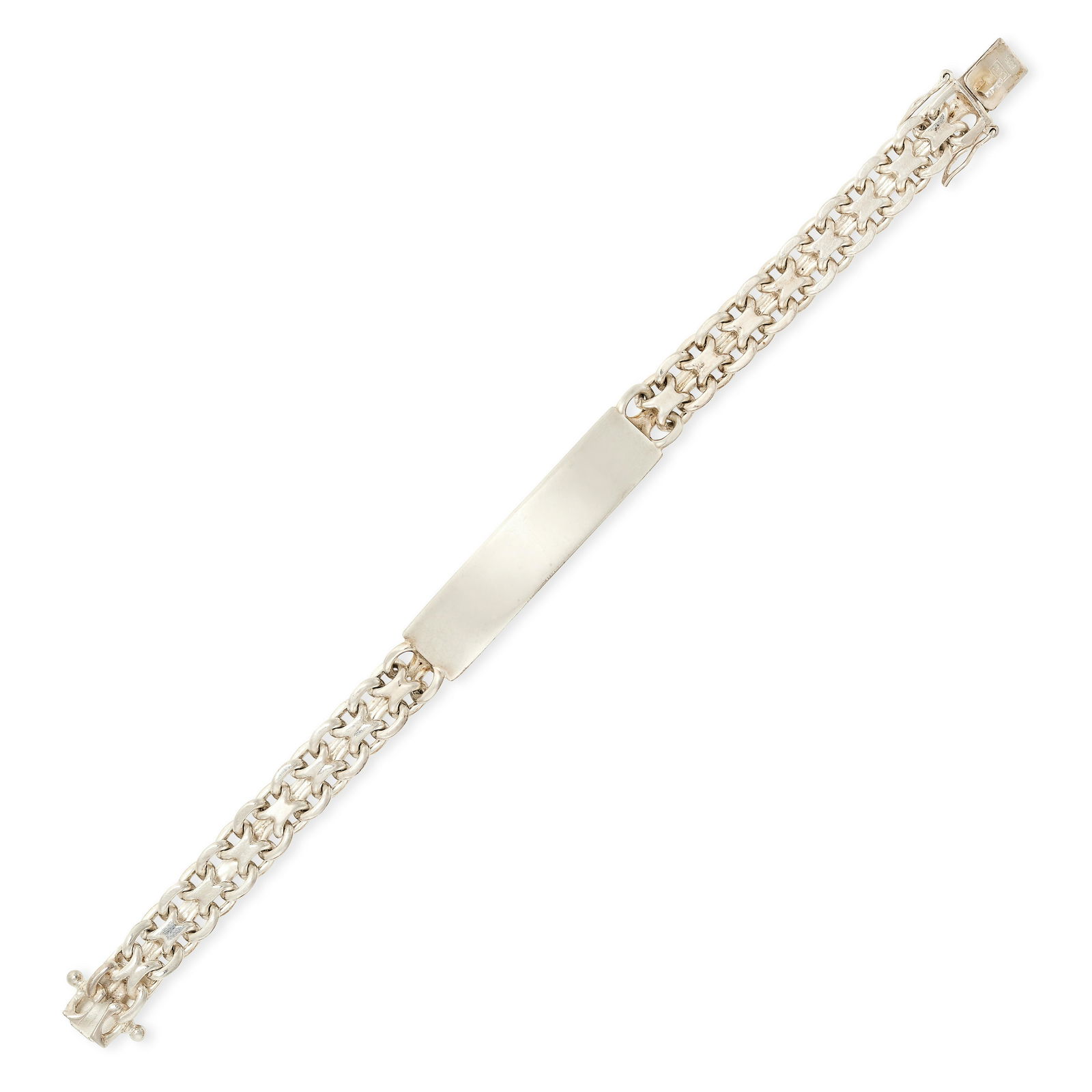 A SILVER BRACELET set with a central rectangular plaque on fancy link chain, stamped 835, 18.3cm,: A SILVER BRACELET set with a central rectangular plaque on fancy link chain, stamped 835, 18.3cm, 28.4g.