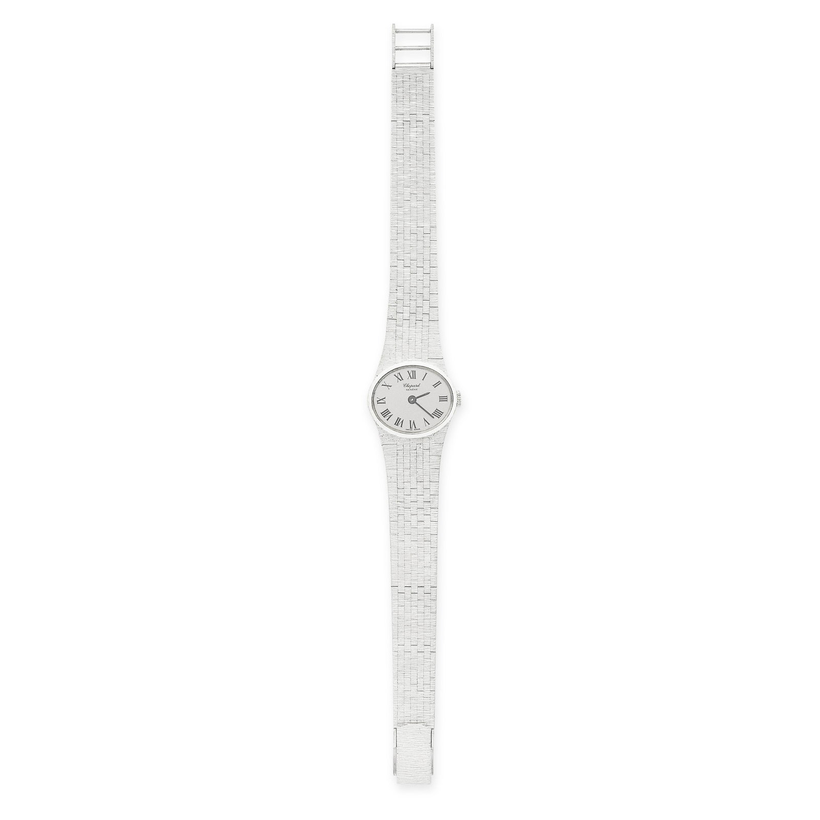 CHOPARD, A VINTAGE DAMENUHR LADIES WATCH, REF. 5036 in 18ct white gold, the oval shaped dial to a: CHOPARD, A VINTAGE DAMENUHR LADIES WATCH, REF. 5036 in 18ct white gold, the oval shaped dial to a white gold bracelet, case stamped 750 18K signed L.U CHOPARD & CIE GENVE, manual winding movement, 18m