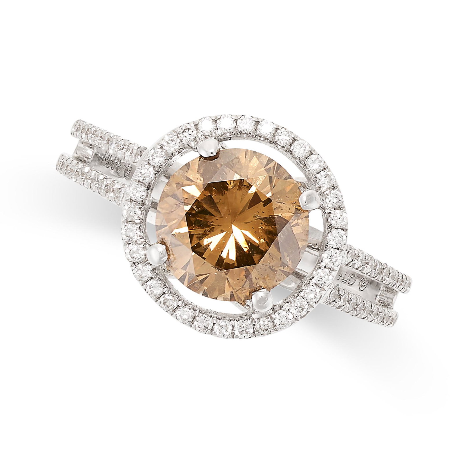 A BROWN DIAMOND DRESS RING in 18ct gold, set with a round brilliant cut diamond of 2.07 carats, (1 of 2)