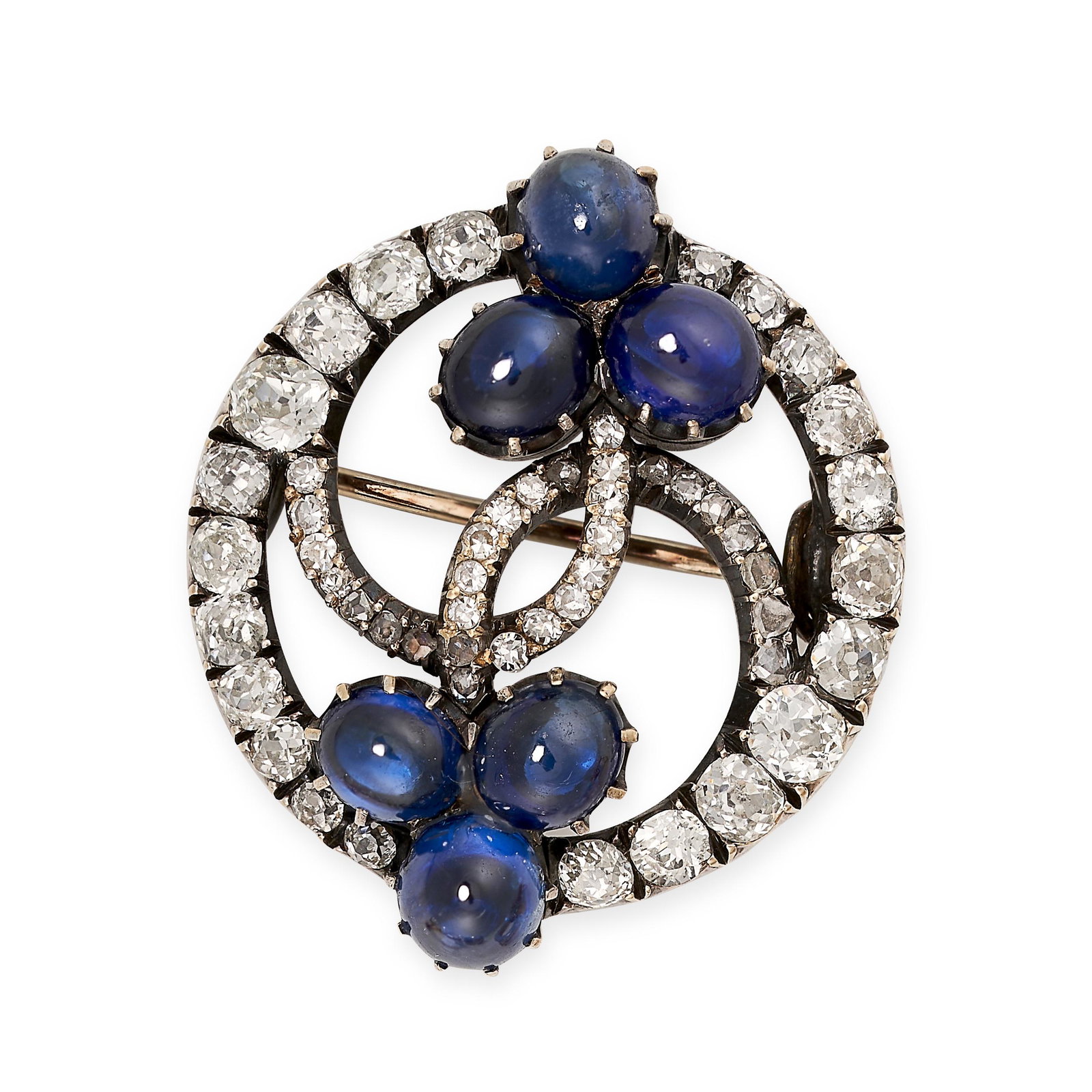 FABERGE, A SAPPHIRE AND DIAMOND BROOCH in circular design, set with two foliate clusters of cabochon (1 of 1)