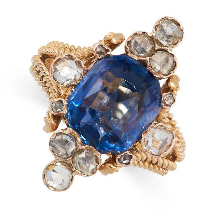 NO RESERVE - A CEYLON NO HEAT SAPPHIRE AND DIAMOND RING in yellow gold, set with a cushion cut blue (1 of 2)