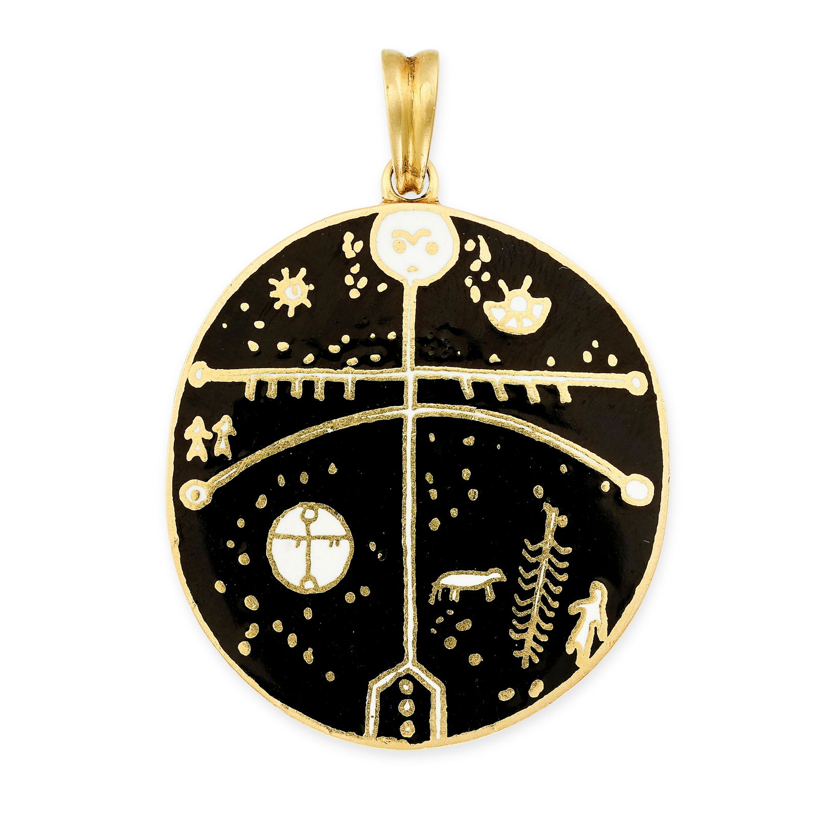 VACCARI, AN ENAMEL PENDANT in 18ct yellow gold, of circular design, decorated with an abstract black (1 of 1)