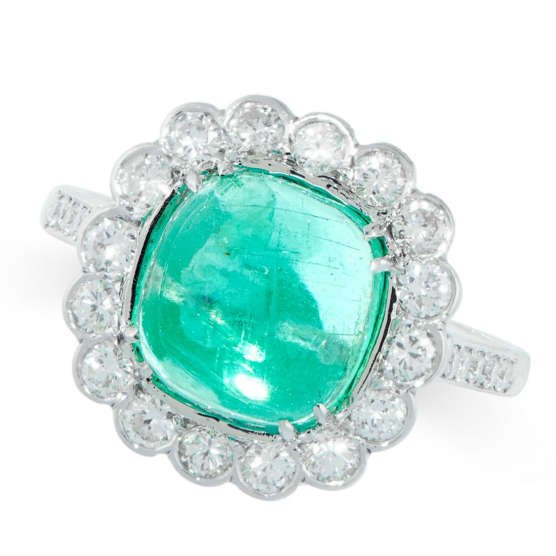 NO RESERVE - AN EMERALD AND DIAMOND RING in 18ct white gold, set with a cabochon emerald of 4.66 (1 of 1)