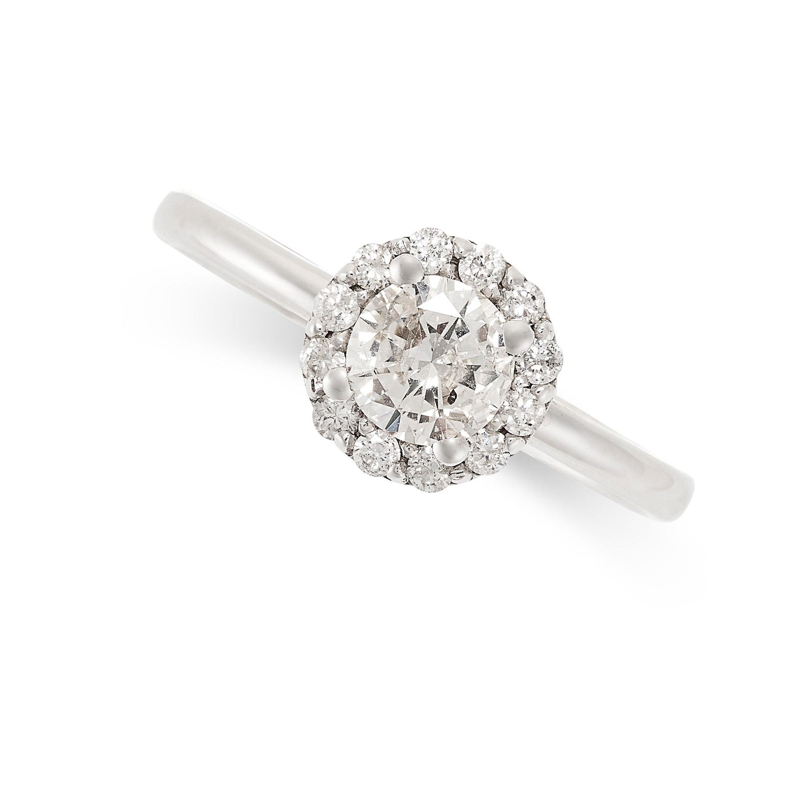NO RESERVE - A DIAMOND CLUSTER RING in 18ct white gold, set with a round cut diamond in a border of (1 of 2)