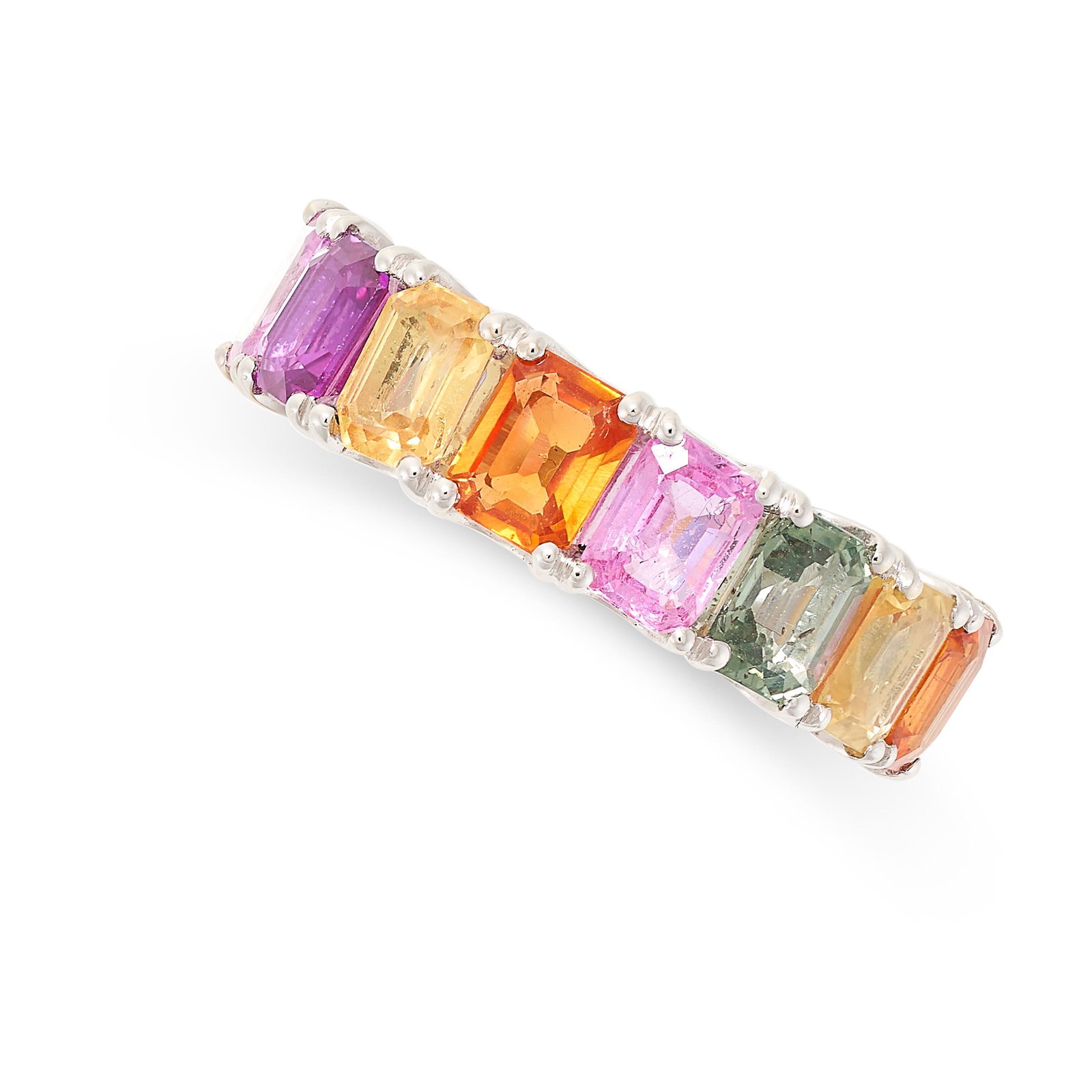 A MULTICOLOURED SAPPHIRE ETERNITY RING in 18ct white gold, fully set with emerald cut orange, (1 of 2)