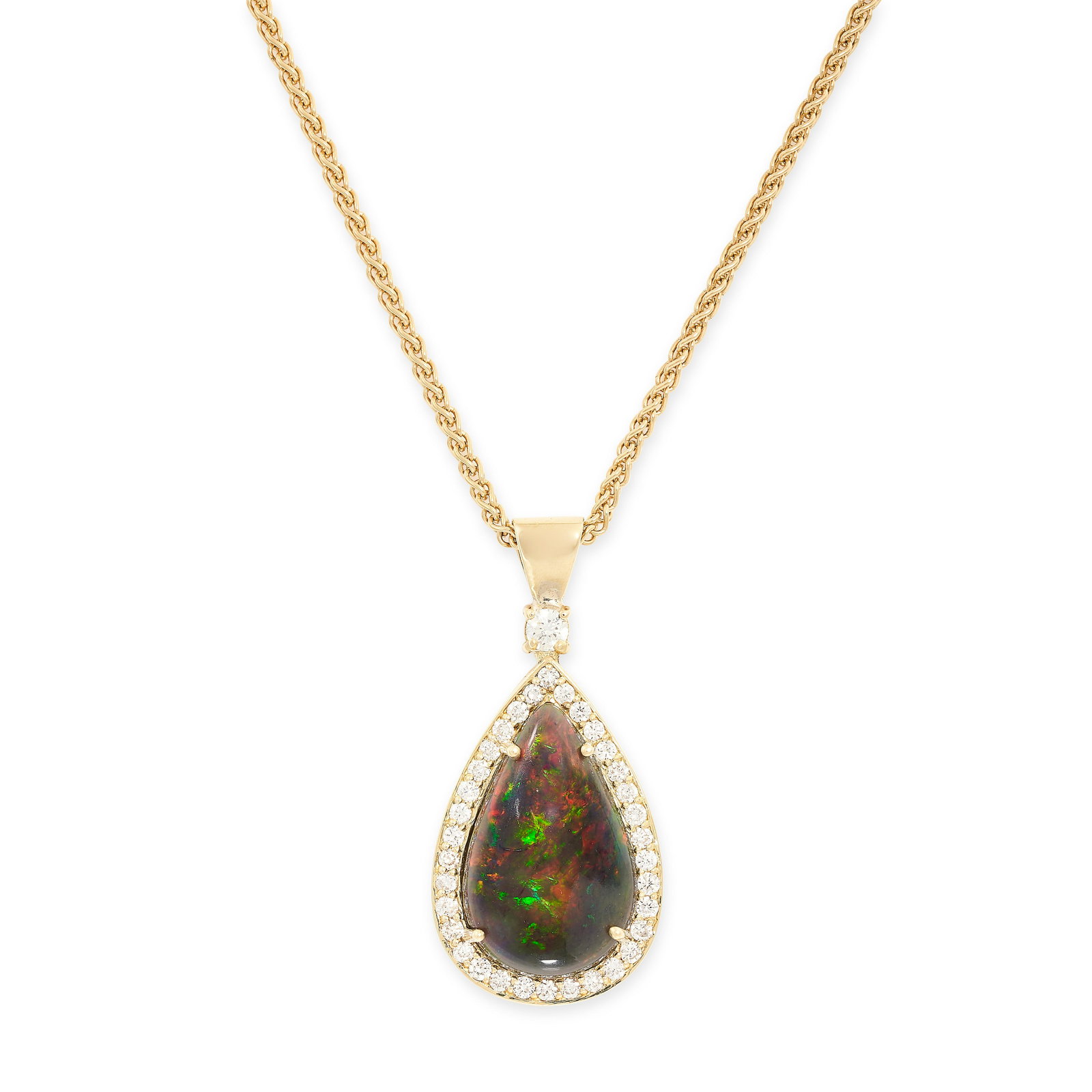 A BLACK OPAL AND DIAMOND PENDANT AND CHAIN in 18ct yellow gold, the pendant set with a pear shaped (1 of 1)