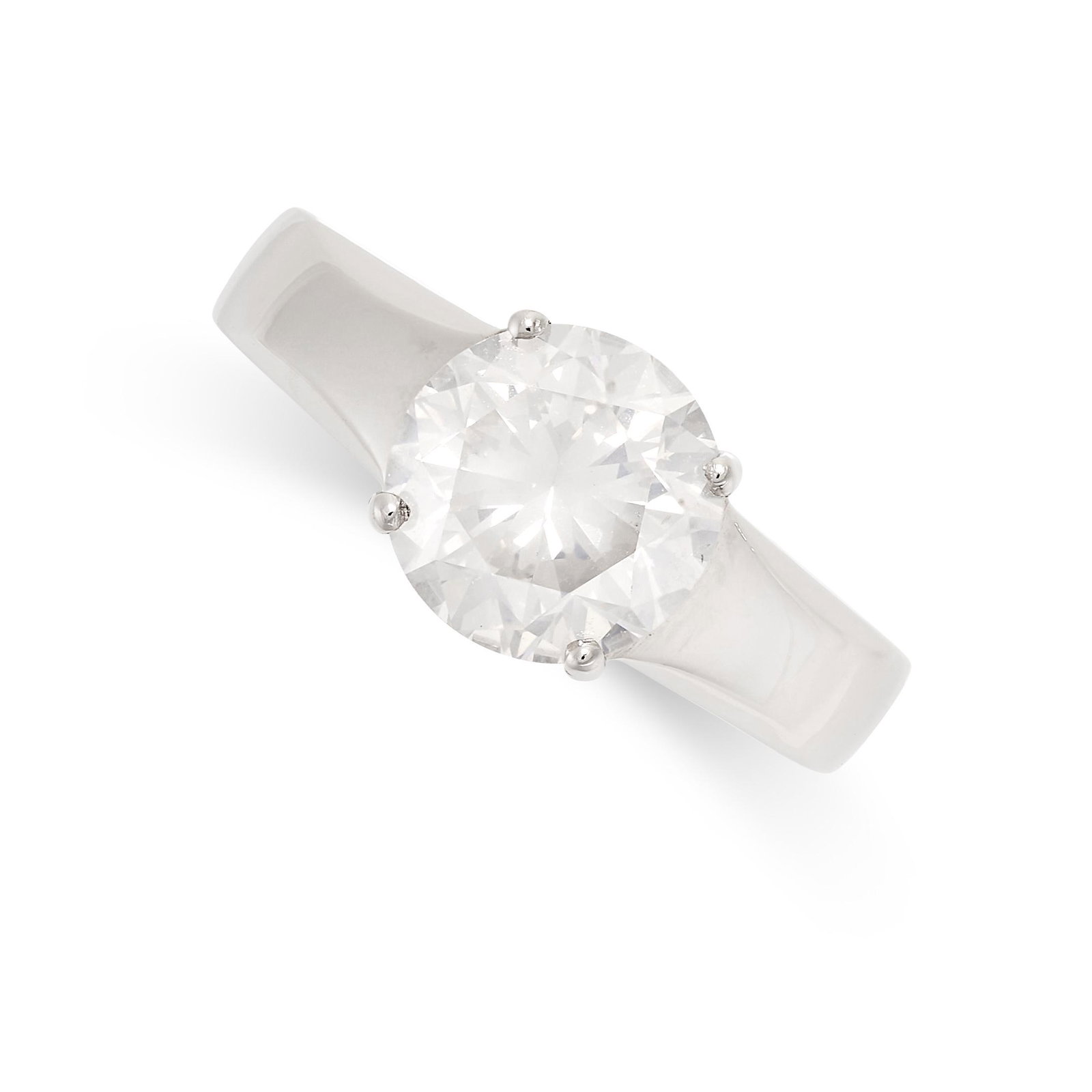 A SOLITAIRE DIAMOND ENGAGEMENT RING set with a round brilliant cut diamond of 2.35 carats, no assay: A SOLITAIRE DIAMOND ENGAGEMENT RING set with a round brilliant cut diamond of 2.35 carats, no assay marks, size L / 6, 9.0g.