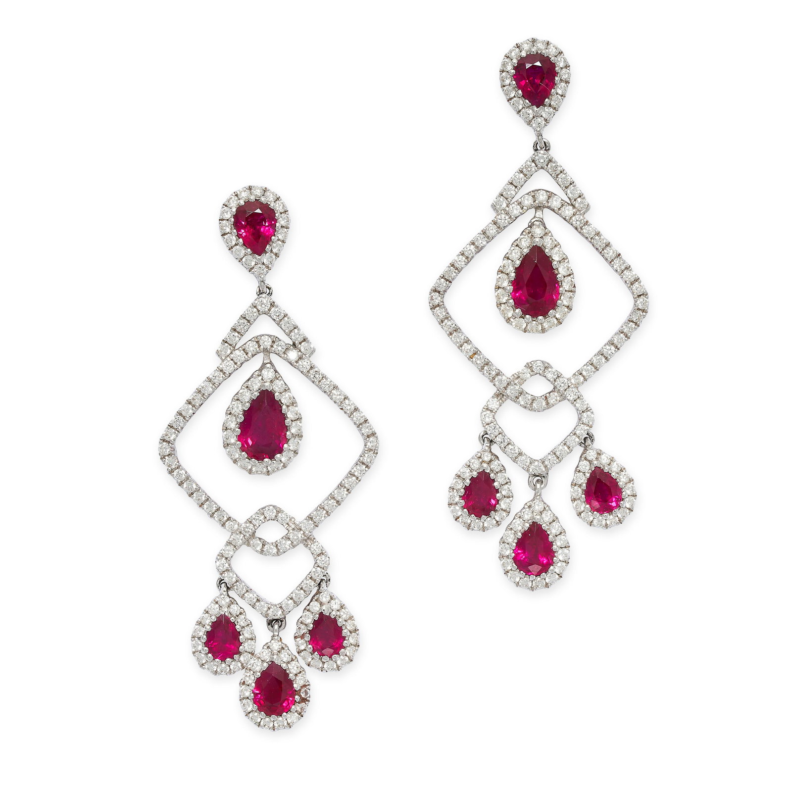 A PAIR OF RUBY AND DIAMOND CHANDELIER EARRINGS each designed as interlocking links set with round (1 of 2)