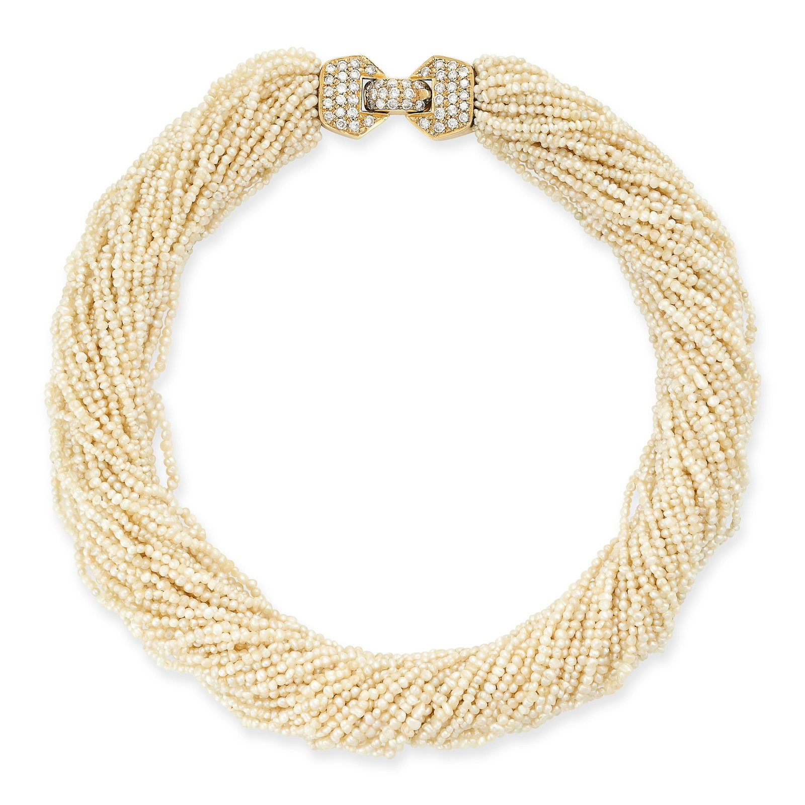 A VINTAGE PEARL AND DIAMOND TORSADE NECKLACE comprising forty-one intertwined seed pearl strands (1 of 1)