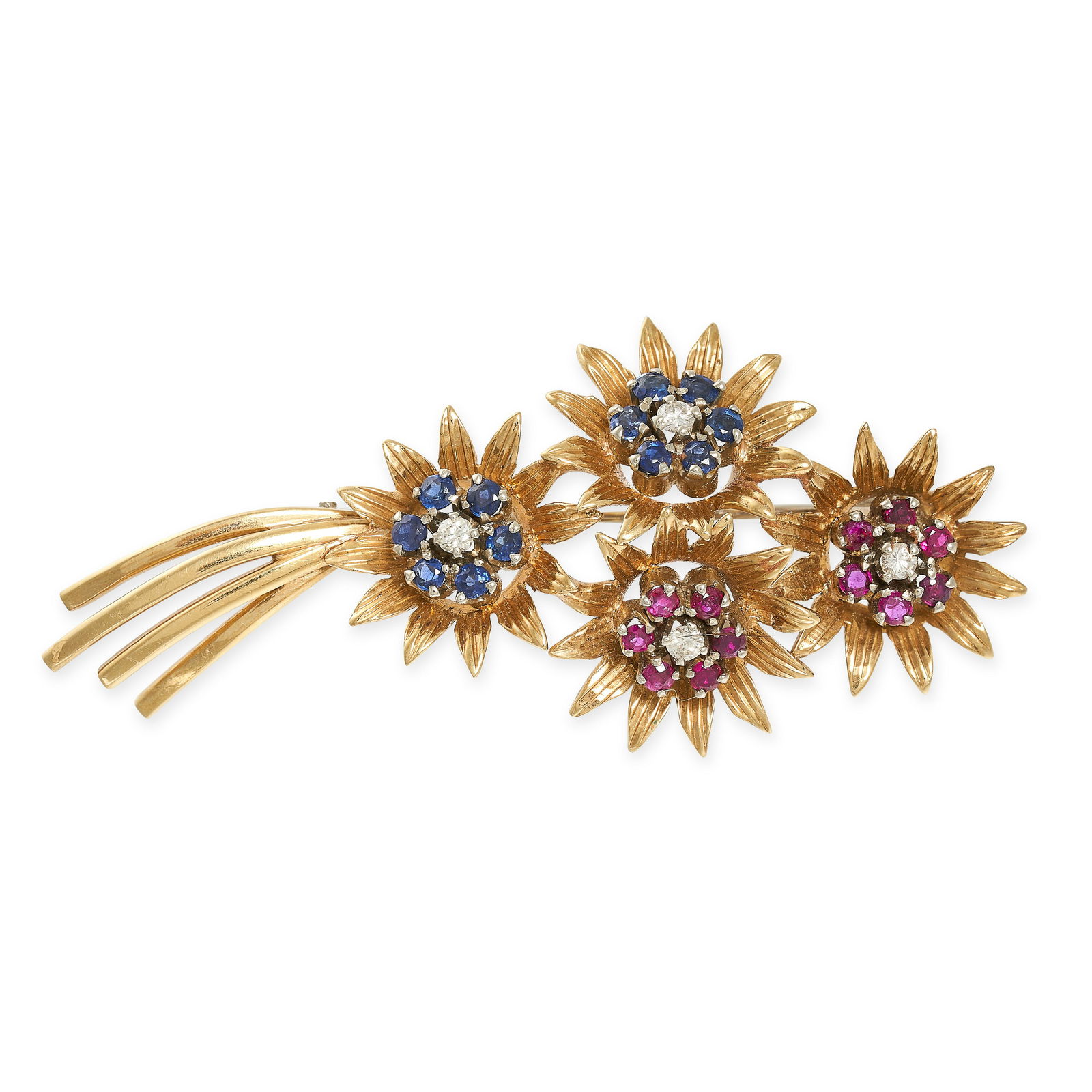 NO RESERVE - A VINTAGE GEMSET FLOWER SPRAY BROOCH in 18ct yellow gold, designed as a bouquet of (1 of 2)