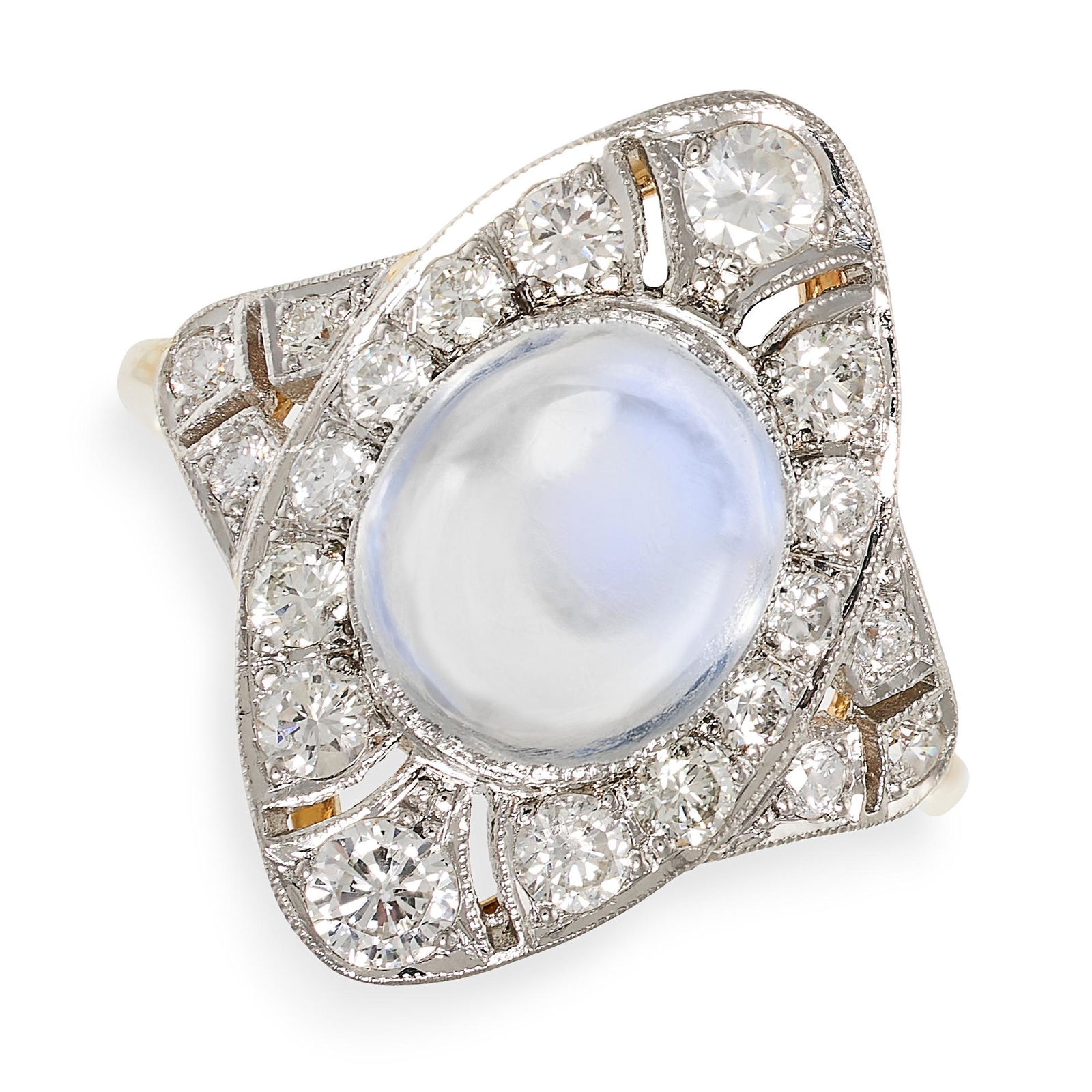 A MOONSTONE AND DIAMOND DRESS RING in 18ct yellow gold and platinum, the navette shaped face set (1 of 2)