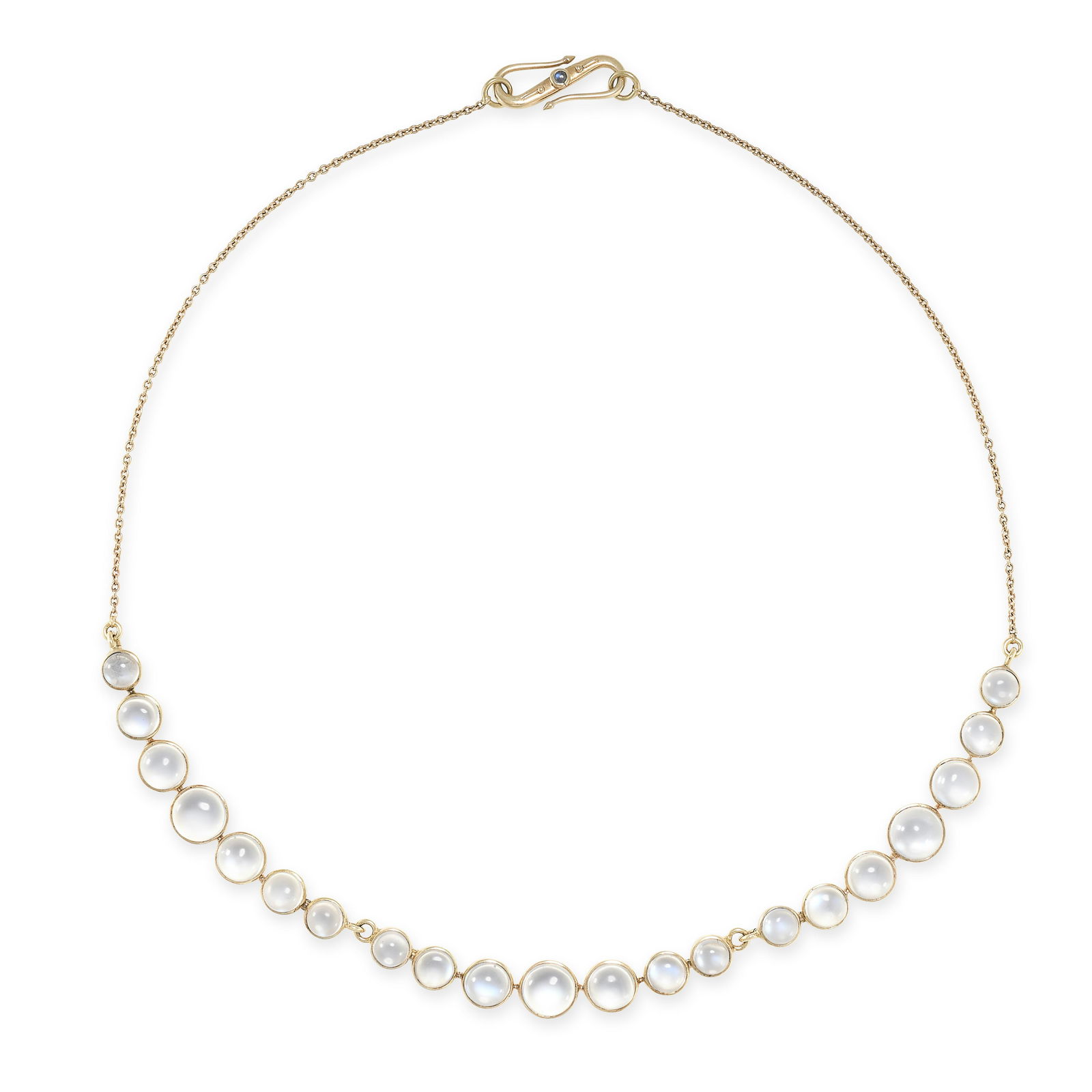 AN ANTIQUE MOONSTONE NECKLACE in yellow gold, set with a row of cabochon moonstones, the clasp set (1 of 1)