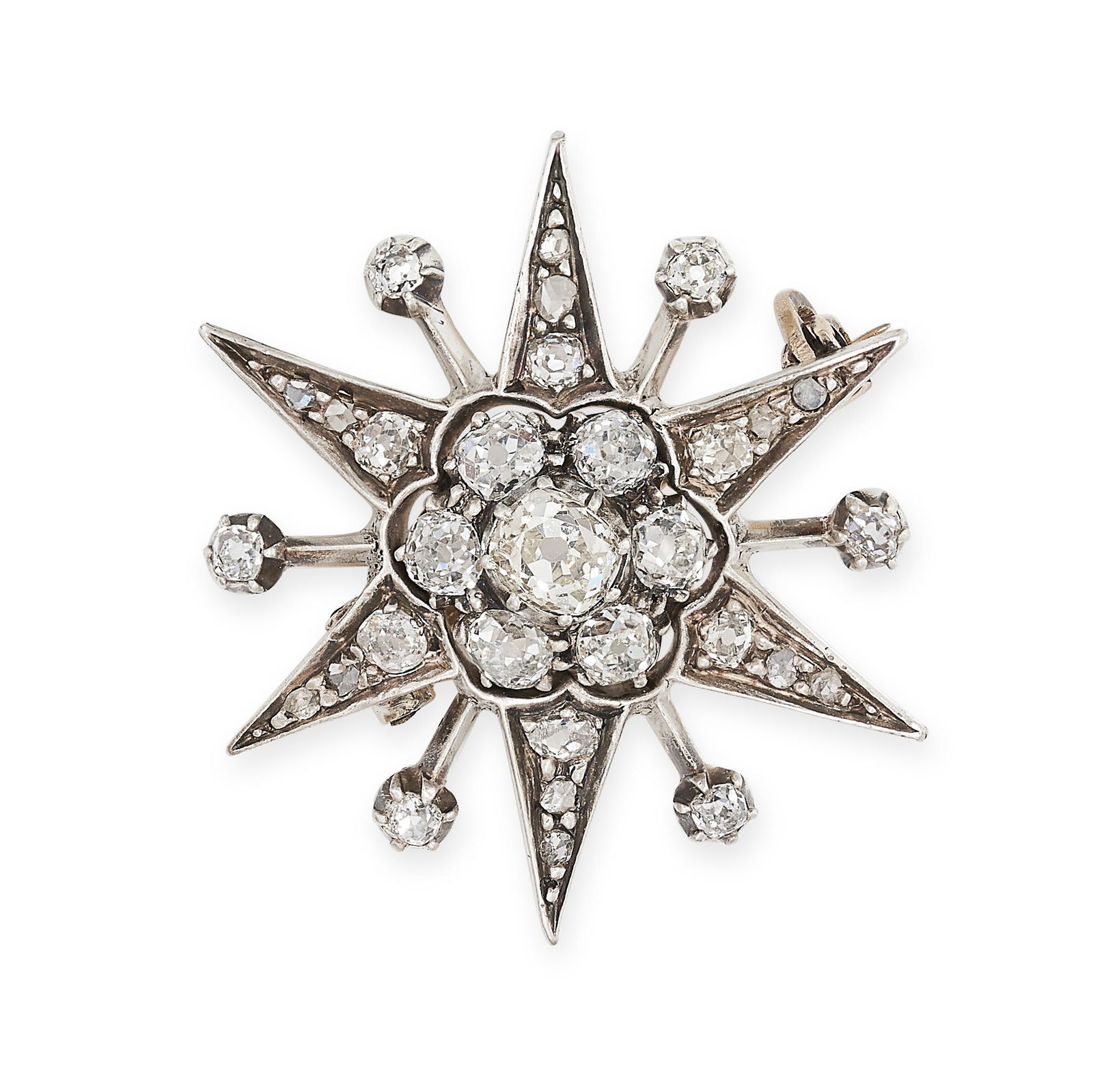 AN ANTIQUE DIAMOND STAR BROOCH, 19TH CENTURY in yellow gold and silver, designed as a star, jewelled (1 of 1)
