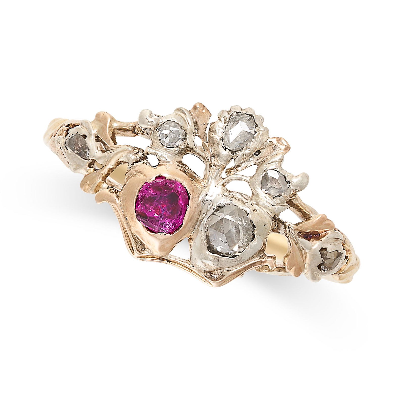 AN ANTIQUE RUBY AND DIAMOND SWEETHEART RING, 19TH CENTURY in yellow gold and silver, set with a (1 of 2)