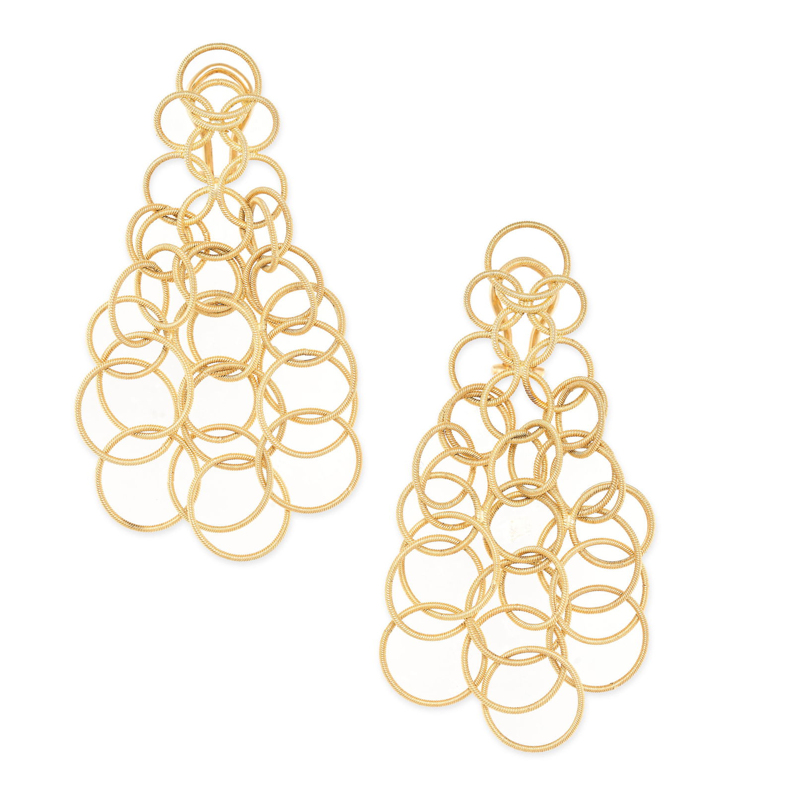 BUCCELLATI, A PAIR OF HAWAII PENDANT EARRINGS in yellow gold, comprising a series of interlocking: BUCCELLATI, A PAIR OF HAWAII PENDANT EARRINGS in yellow gold, comprising a series of interlocking circles, no assay marks, 6.5cm, 19.5g.
