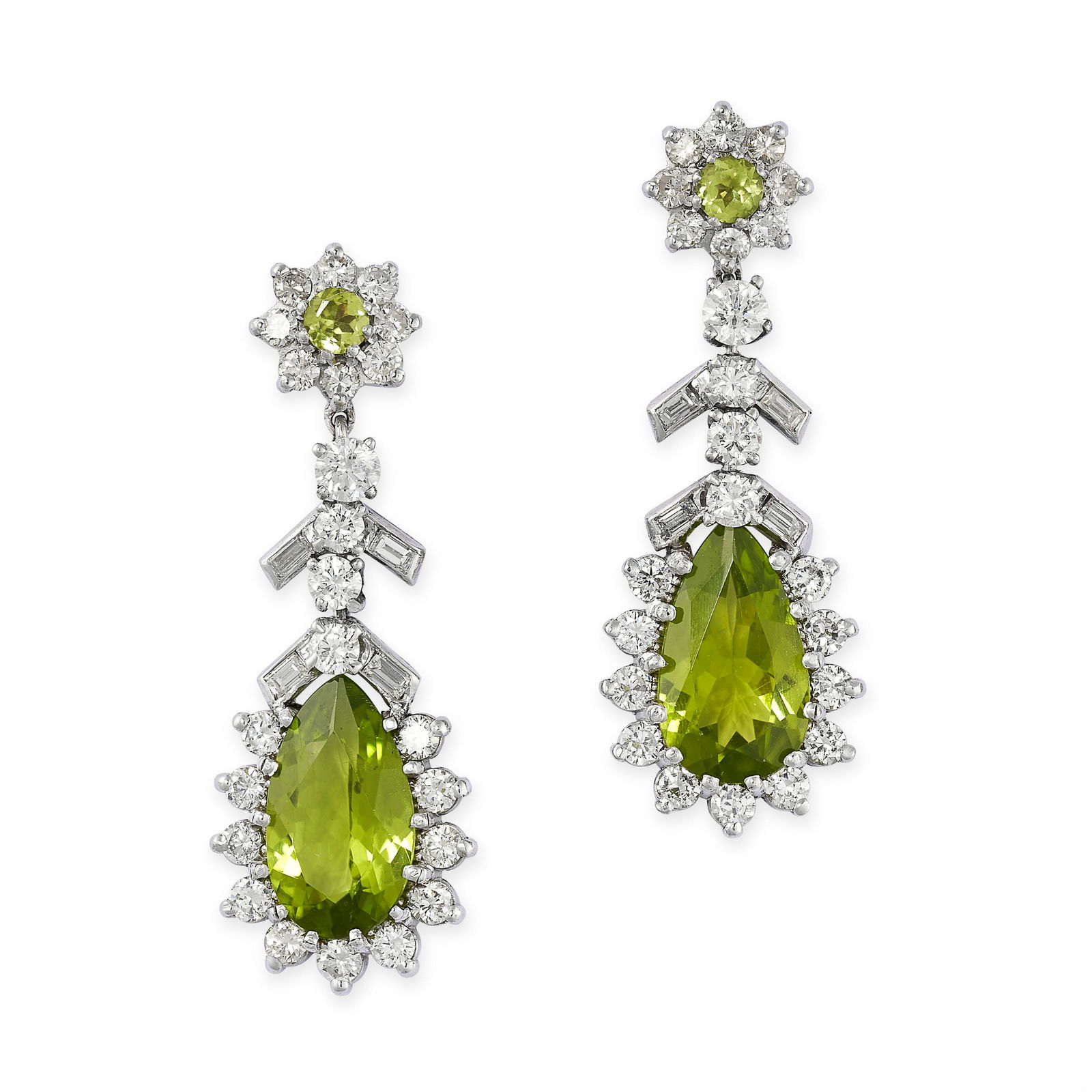 A PAIR OF PERIDOT AND DIAMOND EARRINGS in 18ct white gold, each set with a pear cut peridot (1 of 1)