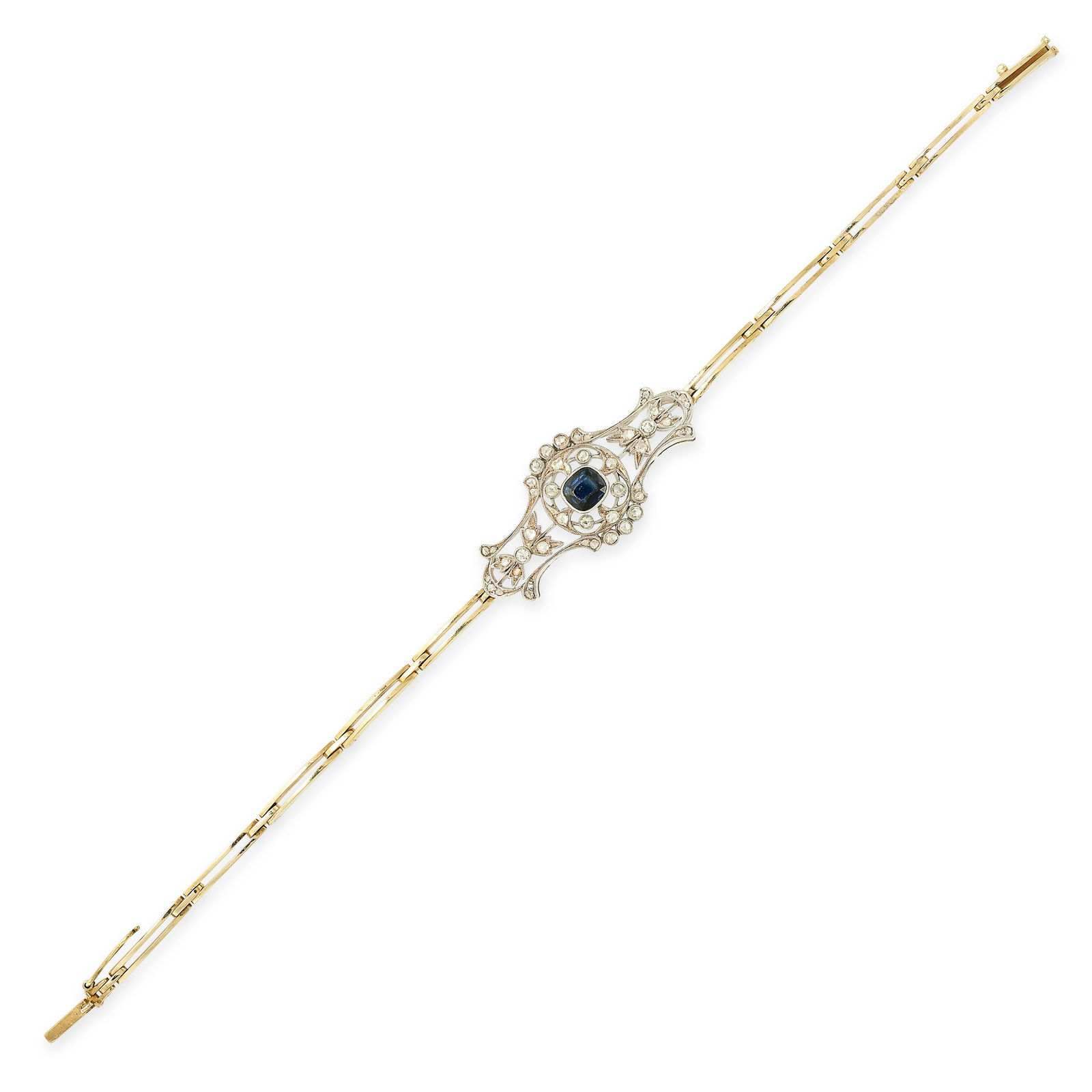 AN ANTIQUE EDWARDIAN SAPPHIRE AND DIAMOND BRACELET in yellow gold and silver, with a central cushion (1 of 1)