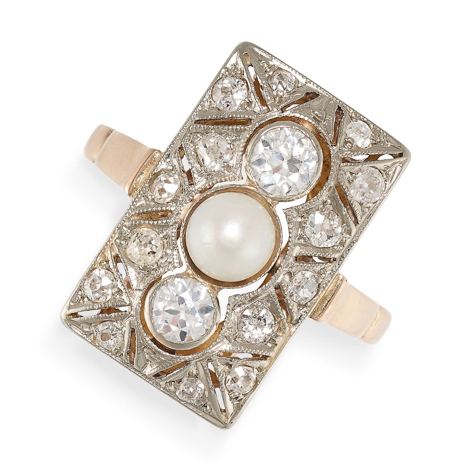 A PEARL AND DIAMOND RING in 14ct yellow gold and white gold, the rectangular face set with a central (1 of 2)