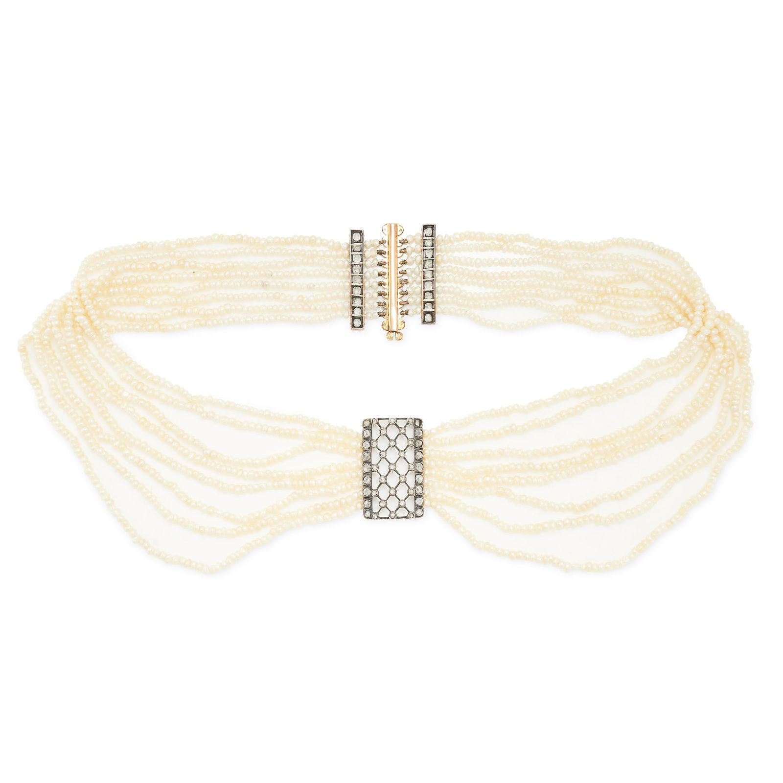 A PEARL AND DIAMOND CHOKER NECKLACE in yellow gold, comprising eight rows of seed pearls, the front (1 of 2)
