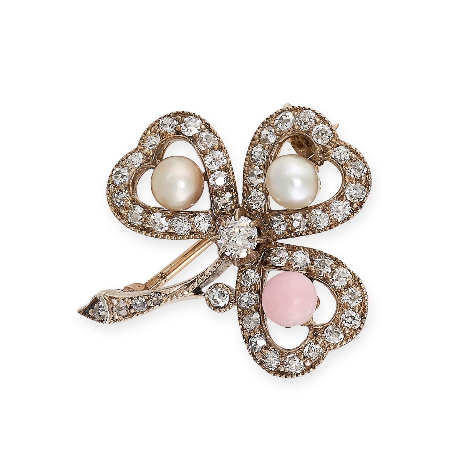 AN ANTIQUE CONCH PEARL, PEARL AND DIAMOND SHAMROCK BROOCH in yellow gold and silver, set with a trio (1 of 1)
