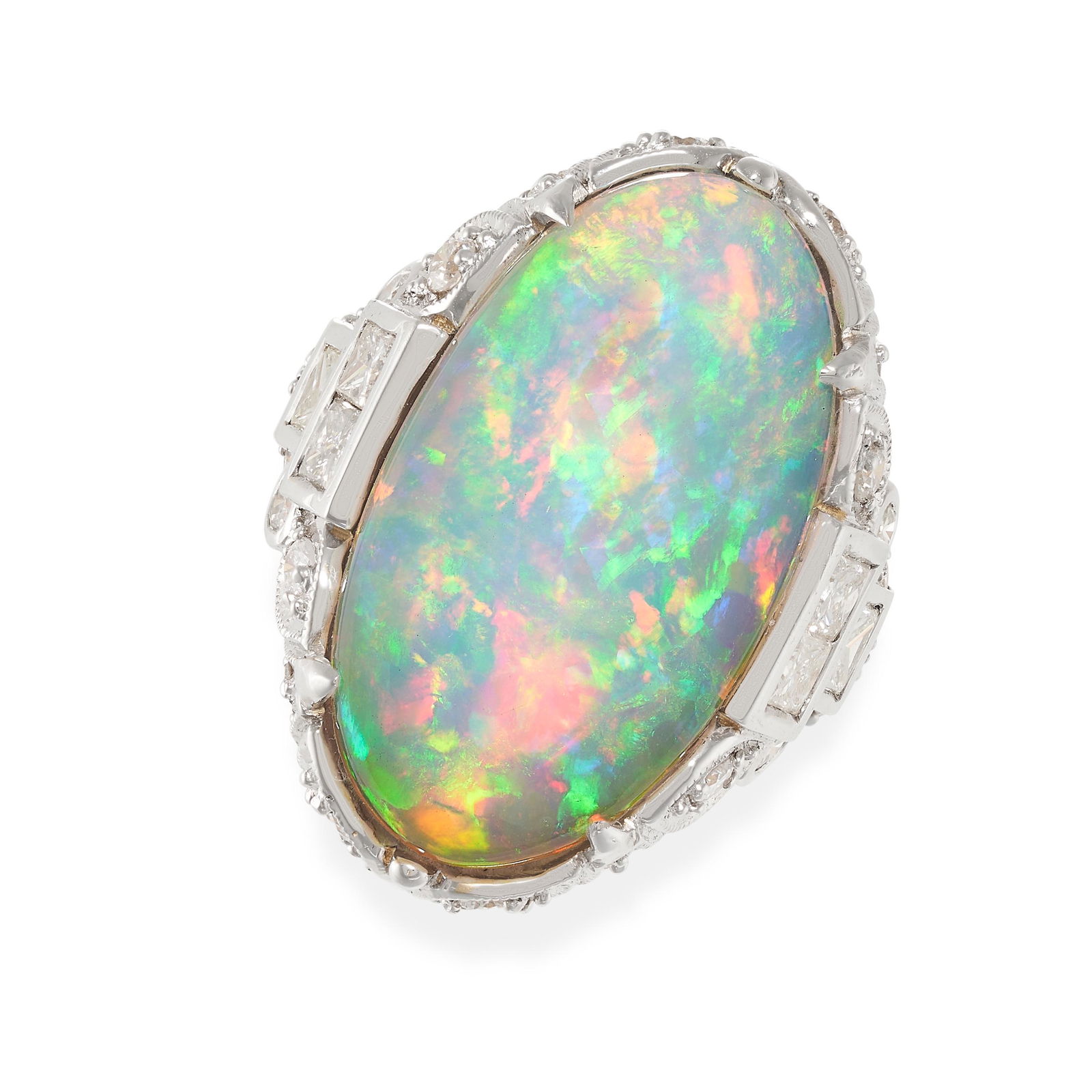 AN OPAL AND DIAMOND DRESS RING in 18ct yellow and white gold, set with an oval cabochon opal (1 of 2)