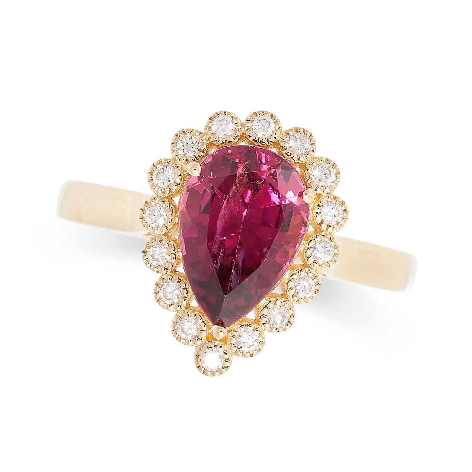 A GARNET AND DIAMOND RING in 18ct gold, set with a pear shaped garnet of 2.30 carats in a cluster of (1 of 2)